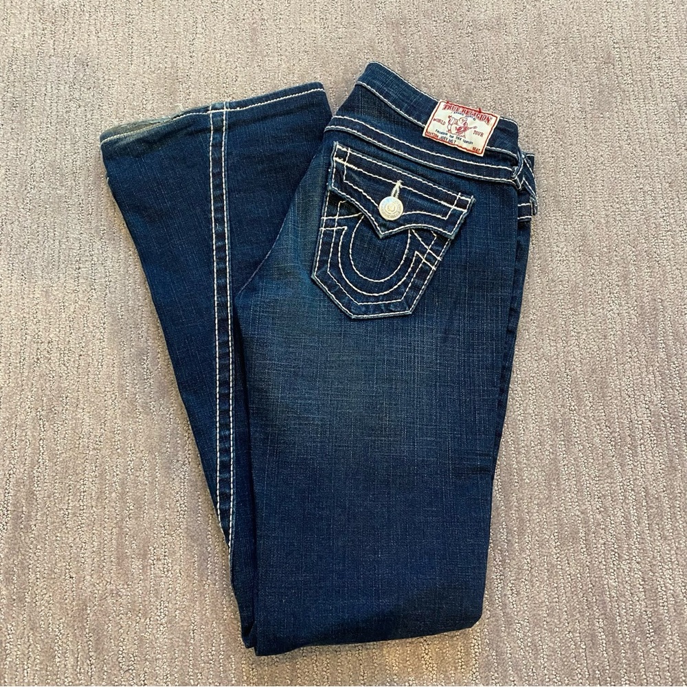 True Religion Low Rise Jeans with white stitching and button pockets